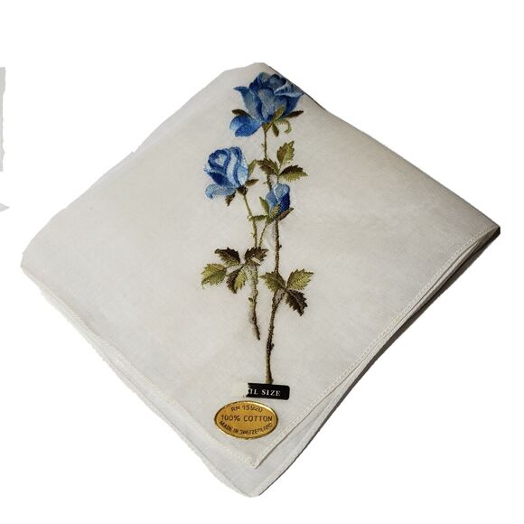 VTG HANKIE BLUE & WHITE ROSE FLOWER SWITZERLAND POCKET SCARF BRIDAL WEDDING - Picture 1 of 7